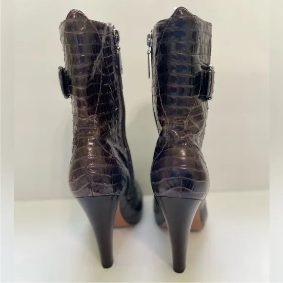 Talbots Simone Women’s Size 7 Alligator Embossed Leather Boots Brown High Heel