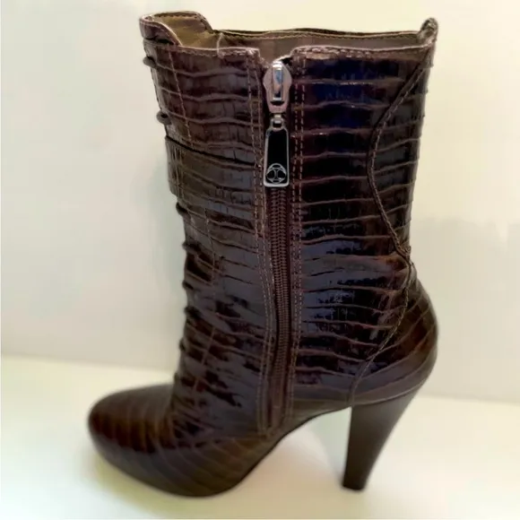 Talbots Simone Women’s Size 7 Alligator Embossed Leather Boots Brown High Heel