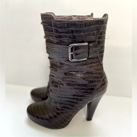 Talbots Simone Women’s Size 7 Alligator Embossed Leather Boots Brown High Heel