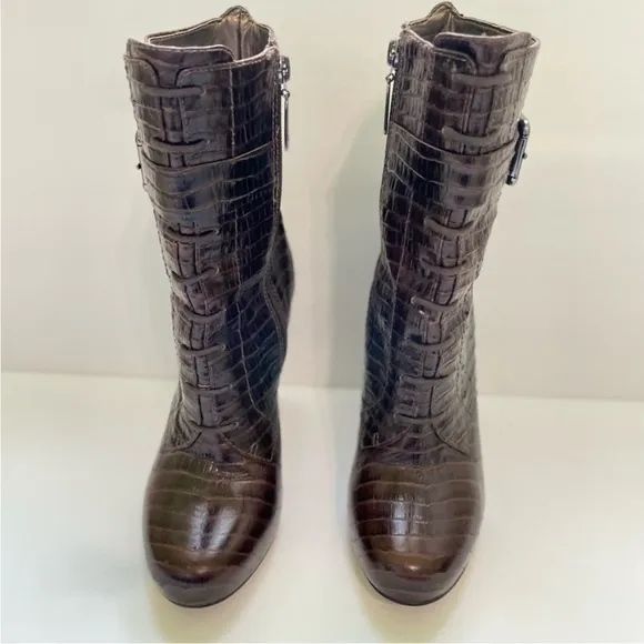 Talbots Simone Women’s Size 7 Alligator Embossed Leather Boots Brown High Heel