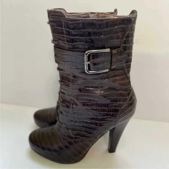 Talbots Simone Women’s Size 7 Alligator Embossed Leather Boots Brown High Heel
