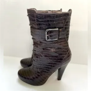 Talbots Simone Women’s Size 7 Alligator Embossed Leather Boots Brown High Heel