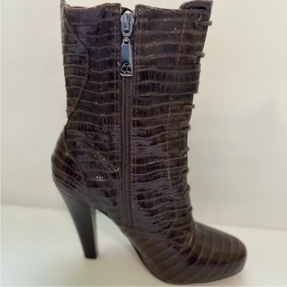 Talbots Simone Women’s Size 7 Alligator Embossed Leather Boots Brown High Heel