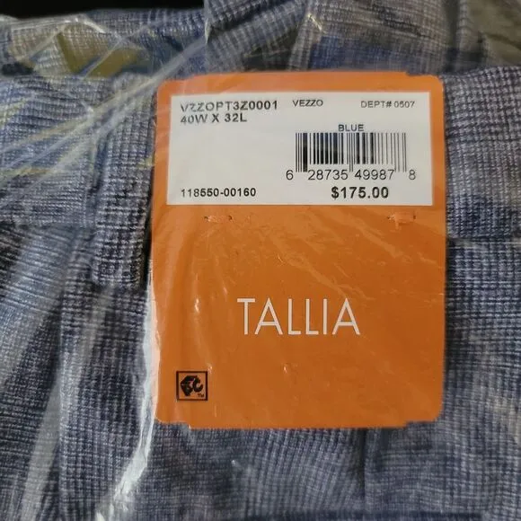 Tallia Slim-Fit Dress‎ Pants Mens 40 x 32 Blue Glen Plaid Knit $175