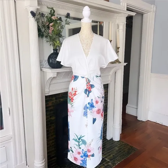 TED BAKER Nerris Jamboree Twist Detail Midi Dress White/ Multi Floral Size 1