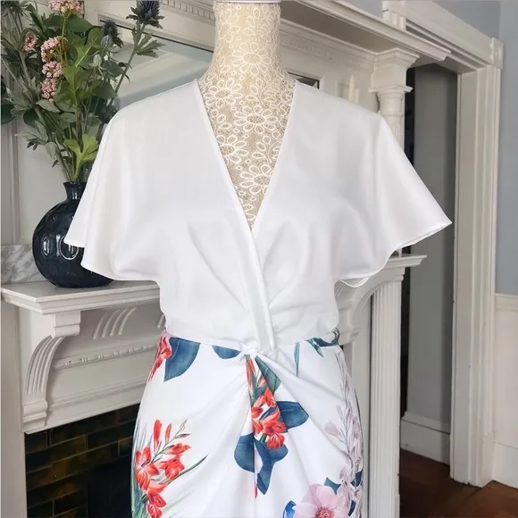 TED BAKER Nerris Jamboree Twist Detail Midi Dress White/ Multi Floral Size 1