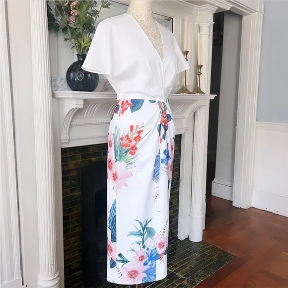 TED BAKER Nerris Jamboree Twist Detail Midi Dress White/ Multi Floral Size 1
