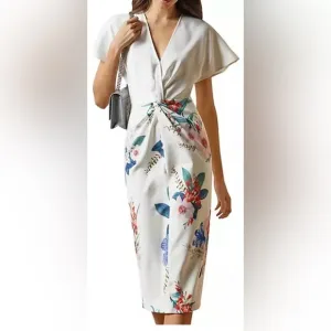 TED BAKER Nerris Jamboree Twist Detail Midi Dress White/ Multi Floral Size 1