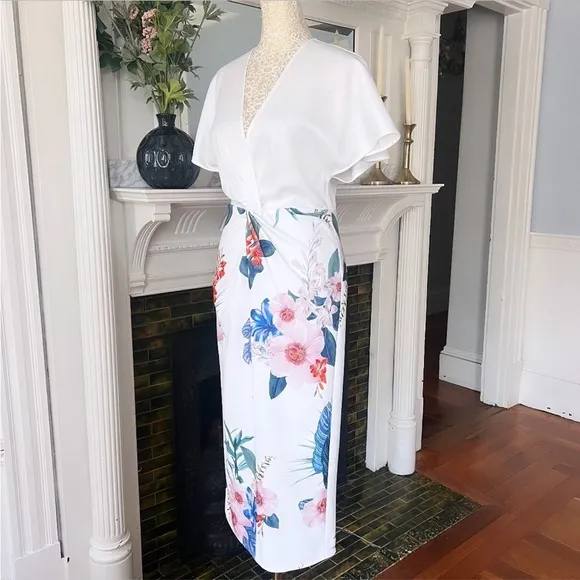 TED BAKER Nerris Jamboree Twist Detail Midi Dress White/ Multi Floral Size 1