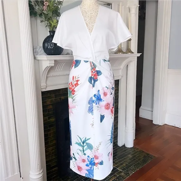 TED BAKER Nerris Jamboree Twist Detail Midi Dress White/ Multi Floral Size 1