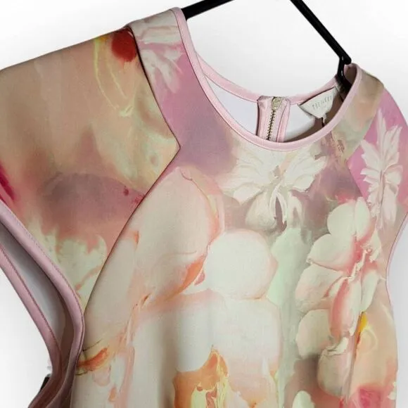 Ted Baker London Women's Floral Pink Quaro Rose On Canvas Neoprene Cap Sleeve Dr