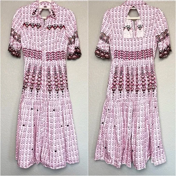 TEMPERLEY Embroidered Short Sleeve Ruffle Tier Button Up Open Back Midi Dress 4