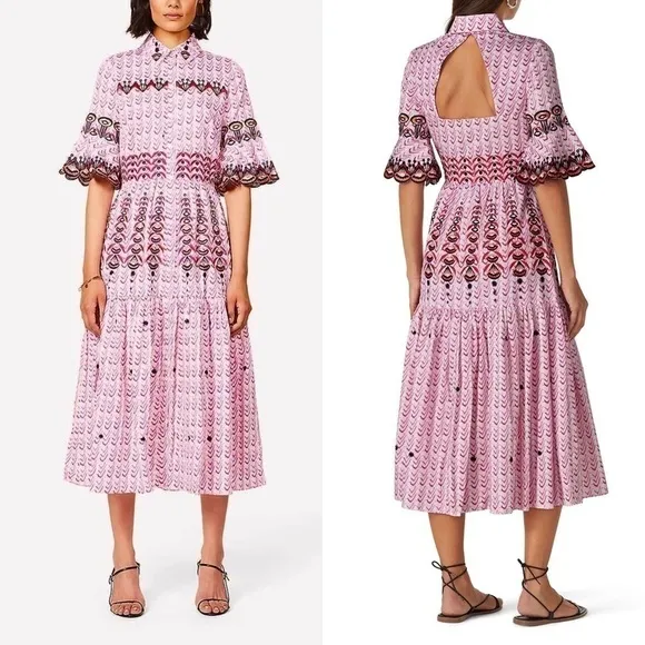 TEMPERLEY Embroidered Short Sleeve Ruffle Tier Button Up Open Back Midi Dress 4