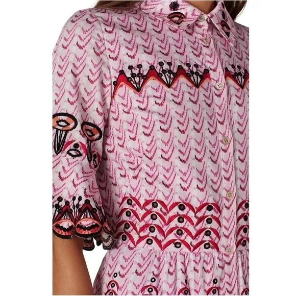 TEMPERLEY Embroidered Short Sleeve Ruffle Tier Button Up Open Back Midi Dress 4