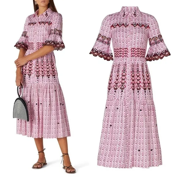 TEMPERLEY Embroidered Short Sleeve Ruffle Tier Button Up Open Back Midi Dress 4