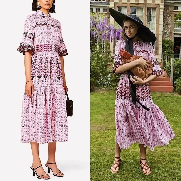 TEMPERLEY Embroidered Short Sleeve Ruffle Tier Button Up Open Back Midi Dress 4