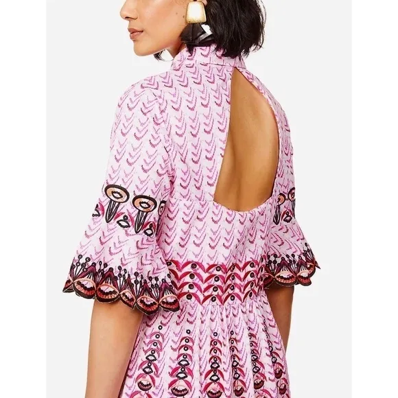TEMPERLEY Embroidered Short Sleeve Ruffle Tier Button Up Open Back Midi Dress 4