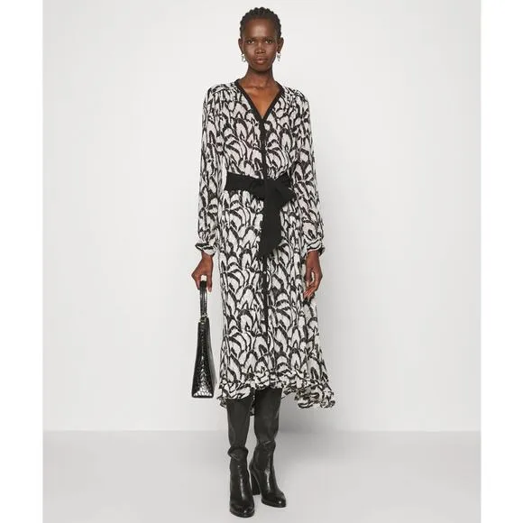 The Kooples Feathers Dress Size M Black White Midi Long Sleeve Blouson Belt Long