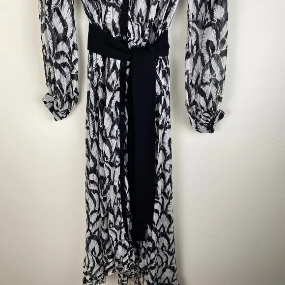 The Kooples Feathers Dress Size M Black White Midi Long Sleeve Blouson Belt Long