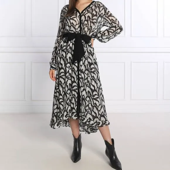 The Kooples Feathers Dress Size M Black White Midi Long Sleeve Blouson Belt Long