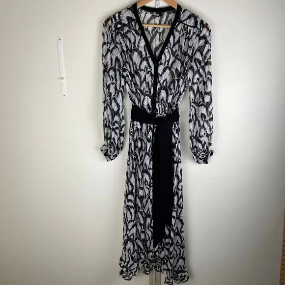 The Kooples Feathers Dress Size M Black White Midi Long Sleeve Blouson Belt Long