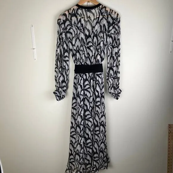 The Kooples Feathers Dress Size M Black White Midi Long Sleeve Blouson Belt Long