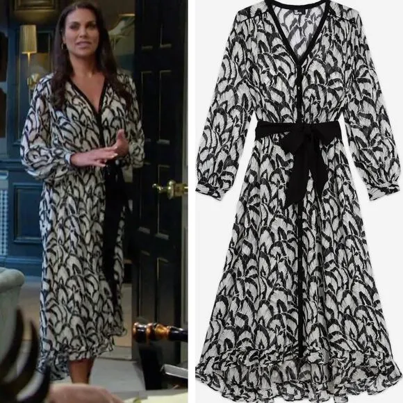 The Kooples Feathers Dress Size M Black White Midi Long Sleeve Blouson Belt Long