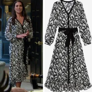 The Kooples Feathers Dress Size M Black White Midi Long Sleeve Blouson Belt Long