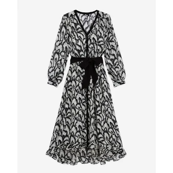 The Kooples Feathers Dress Size M Black White Midi Long Sleeve Blouson Belt Long