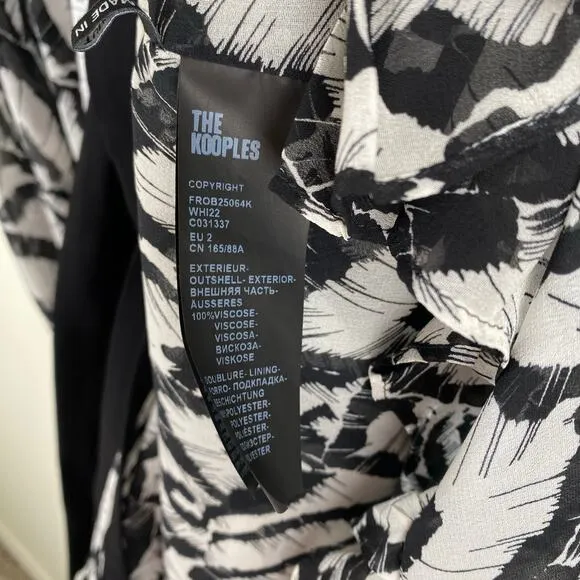 The Kooples Feathers Dress Size M Black White Midi Long Sleeve Blouson Belt Long