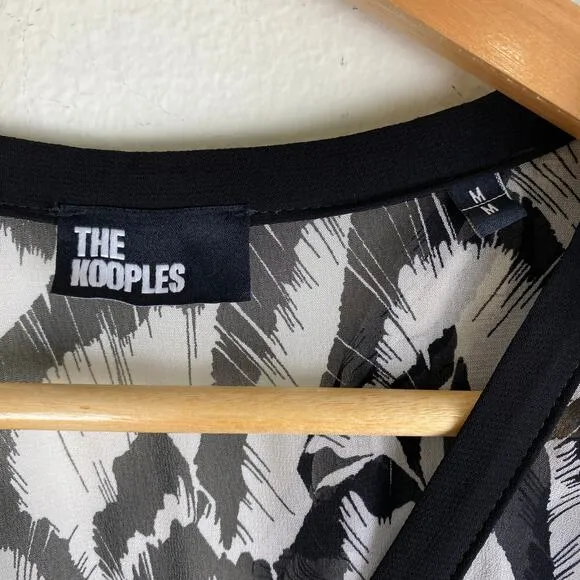 The Kooples Feathers Dress Size M Black White Midi Long Sleeve Blouson Belt Long