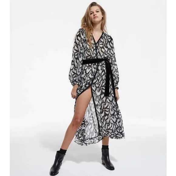 The Kooples Feathers Dress Size M Black White Midi Long Sleeve Blouson Belt Long