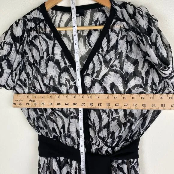 The Kooples Feathers Dress Size M Black White Midi Long Sleeve Blouson Belt Long