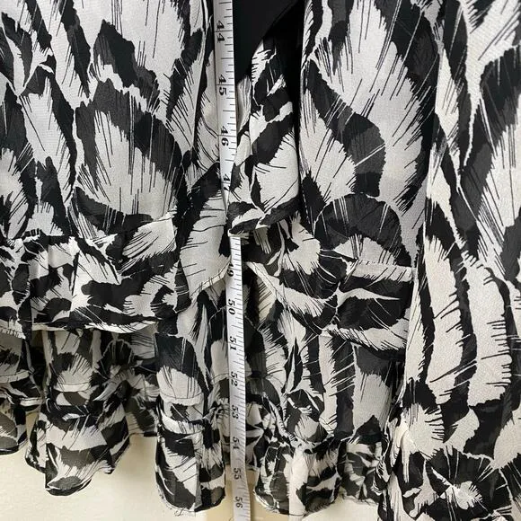 The Kooples Feathers Dress Size M Black White Midi Long Sleeve Blouson Belt Long
