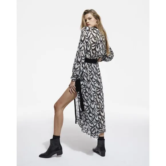 The Kooples Feathers Dress Size M Black White Midi Long Sleeve Blouson Belt Long