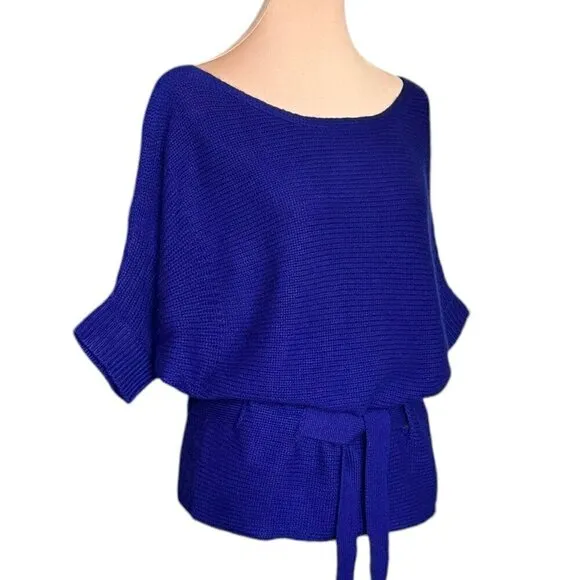 THEORY 100% Cashmere Sweater Sz.L Knit Dark Blue Boat Neck 3/4 Sleeve Belted 90s