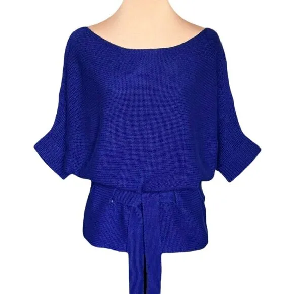 THEORY 100% Cashmere Sweater Sz.L Knit Dark Blue Boat Neck 3/4 Sleeve Belted 90s