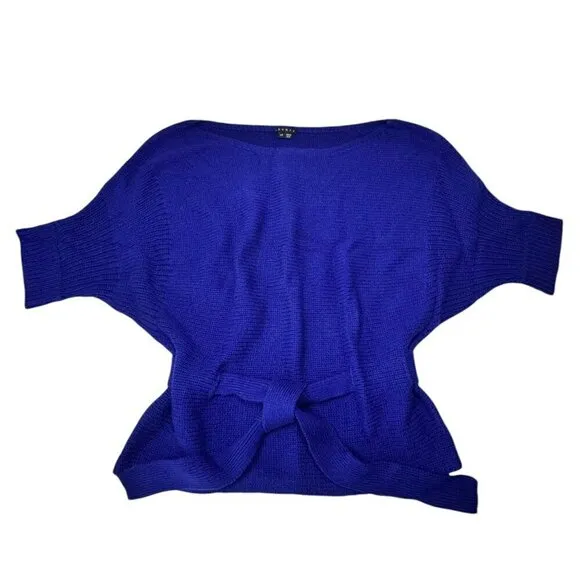 THEORY 100% Cashmere Sweater Sz.L Knit Dark Blue Boat Neck 3/4 Sleeve Belted 90s