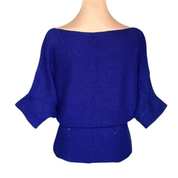 THEORY 100% Cashmere Sweater Sz.L Knit Dark Blue Boat Neck 3/4 Sleeve Belted 90s