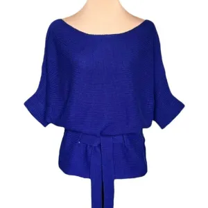 THEORY 100% Cashmere Sweater Sz.L Knit Dark Blue Boat Neck 3/4 Sleeve Belted 90s