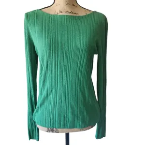 Theory Ribbed Long Sleeve Crew Neck Green Lightweight Sweater - Large