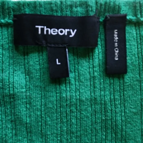 Theory Ribbed Long Sleeve Crew Neck Green Lightweight Sweater - Large