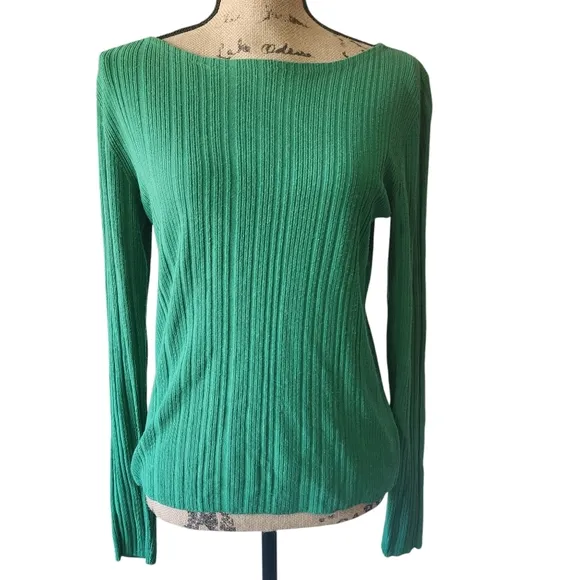 Theory Ribbed Long Sleeve Crew Neck Green Lightweight Sweater - Large
