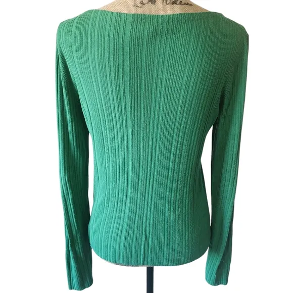 Theory Ribbed Long Sleeve Crew Neck Green Lightweight Sweater - Large