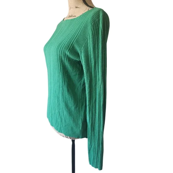 Theory Ribbed Long Sleeve Crew Neck Green Lightweight Sweater - Large