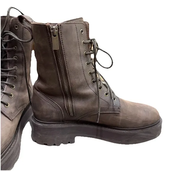 Thursday Quest Leather Combat Moto Boots Dark Chocolate Zip Side Platform Sole