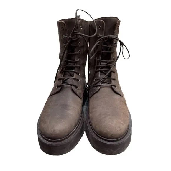 Thursday Quest Leather Combat Moto Boots Dark Chocolate Zip Side Platform Sole