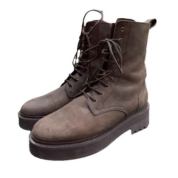 Thursday Quest Leather Combat Moto Boots Dark Chocolate Zip Side Platform Sole
