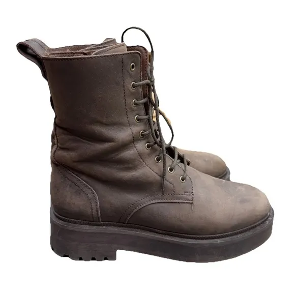 Thursday Quest Leather Combat Moto Boots Dark Chocolate Zip Side Platform Sole
