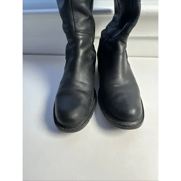 Timberland Tall Riding Boots Black Distressed Leather 61629 Buckles Side Zip 5.5